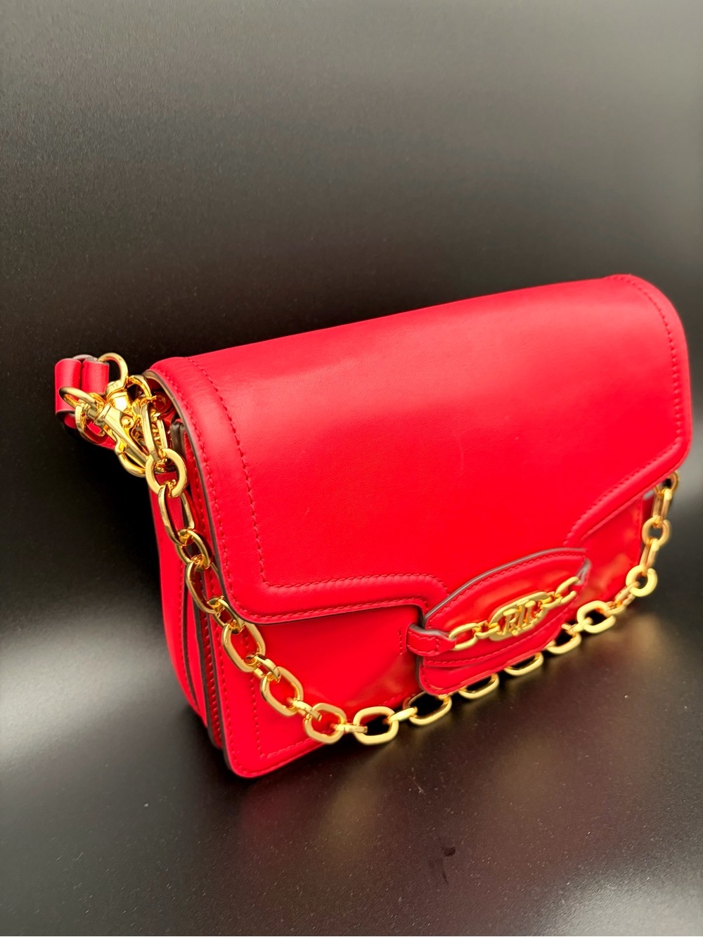 Ralph Lauren Leather Medium Sydnee Shoulder Bag Handbag Purse in Holiday Red